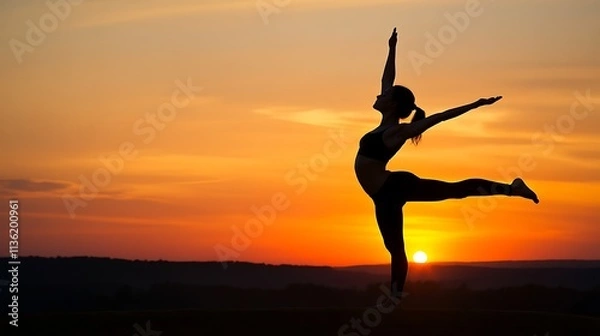 Fototapeta A woman practicing yoga at sunrise, symbolizing personal growth and lessons learned about mindfulness and self-care over the past year, serene environment, real photo, stock photograph