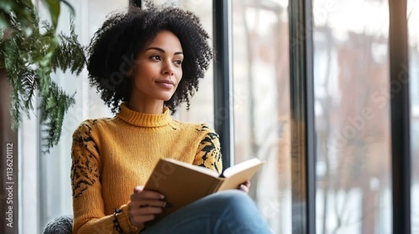 Fototapeta A woman sitting by a window with a journal in hand, thoughtfully reflecting on her wins and losses from the past year, soft natural light illuminating her face, real photo, stock photograph