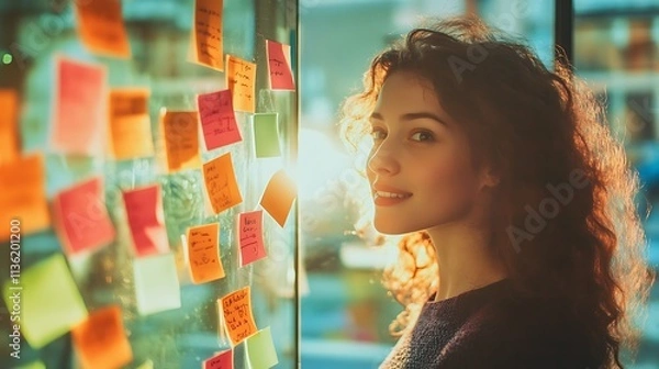 Fototapeta A woman standing in front of a mirror, confidently reviewing her New Year resolutions written on sticky notes, bright and motivational ambiance, real photo, stock photograph