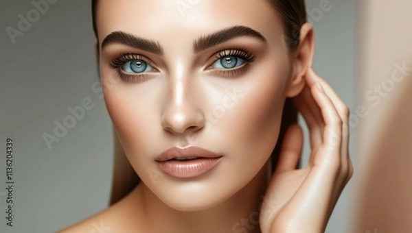 Fototapeta Close-up facial features, piercing blue eyes, perfectly groomed eyebrows, flawless skin, warm tones, high contrast, beauty photography, soft lighting, ultra-detailed, photorealistic, 8k resolution, be