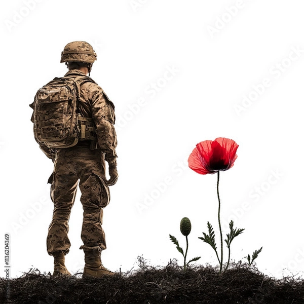 Fototapeta A 3D rendering of an American soldier standing next to a stylized poppy flower isolated against a transparent background ideal for remembrance, military, or tribute-themed designs