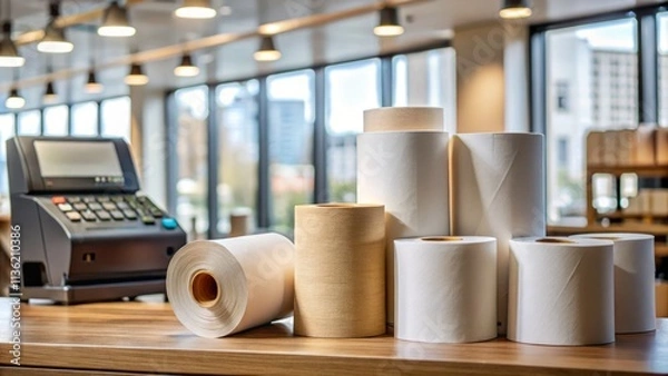 Fototapeta Portrait of Thermal Paper Rolls and Point of Sale Machine Setup for Retail Environments, Showcasing Essential Supplies for Efficient Transaction Management in Shops