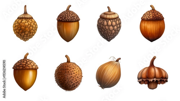 Fototapeta High-quality, realistic acorn set isolated on a transparent background 