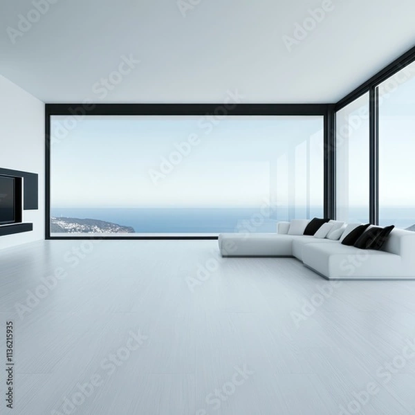 Obraz Modern minimalist living room with ocean view and sleek white sofa