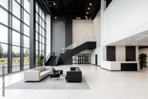 Fototapeta Modern office lobby with minimalist design and large windows for natural light