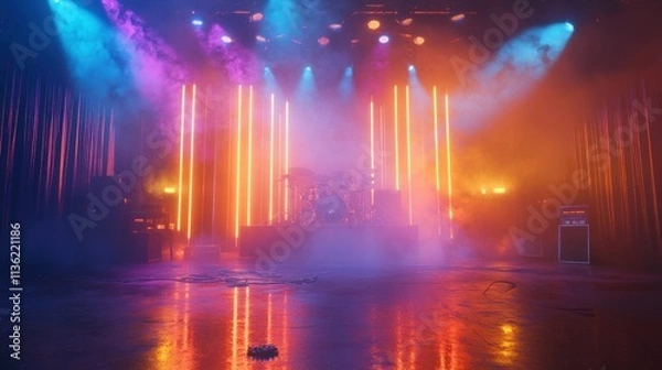 Fototapeta A stage with dramatic lighting effects, smoke, and colorful spotlights for a rock band performance.