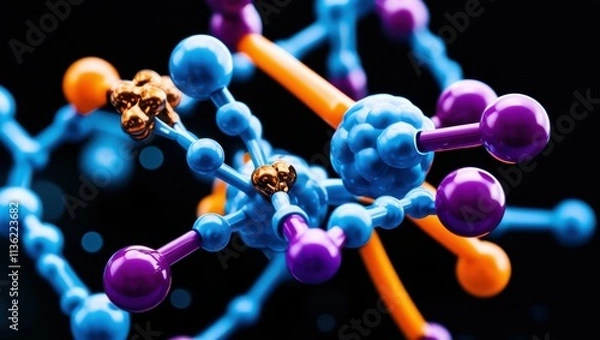 Fototapeta abstract molecular structure, vibrant glowing spheres, blue and orange orbs, interconnected atoms, dynamic 3D rendering, scientific visualization, neon colors, dark background, high contrast, microsco
