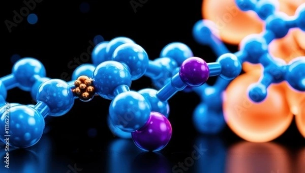 Fototapeta abstract molecular structure, vibrant glowing spheres, blue and orange orbs, interconnected atoms, dynamic 3D rendering, scientific visualization, neon colors, dark background, high contrast, microsco