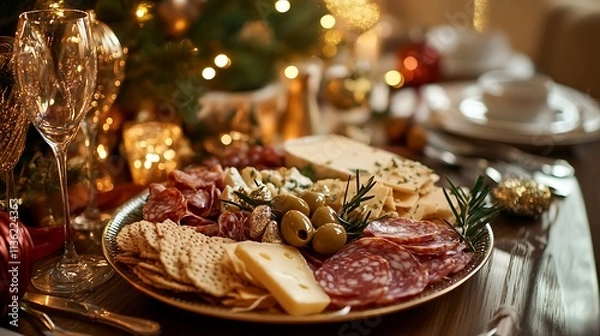 Fototapeta A beautifully arranged appetizer platter featuring  meats, cheese and nuts
