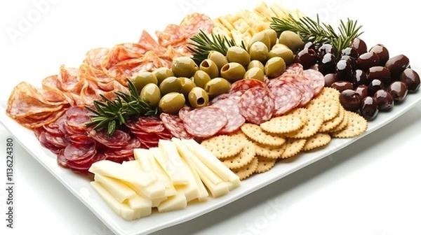 Fototapeta A beautifully arranged appetizer platter featuring  meats, cheese and nuts