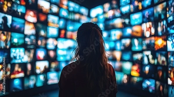 Fototapeta Individual engages with an extensive digital library filled with numerous media thumbnails for streaming and online consumption
