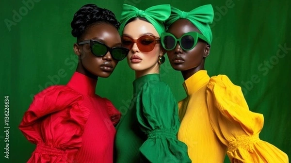 Fototapeta Three models showcasing red, green, and yellow dresses, sunglasses, and Balenciaga headbands, with a bold green background for a striking fashion look.