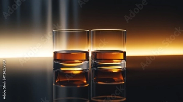 Fototapeta Two glasses of brandy placed elegantly on a reflective surface, with rich amber liquid glowing under soft lighting.