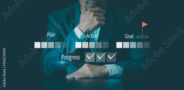 Obraz Steps to goal achieved progress concept. achievement process.Checklist, Workflow Process for Quality Assurance completion, Business action plan, Management, and tracking strategies