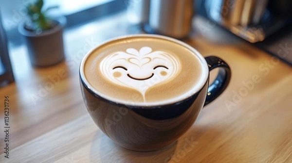 Fototapeta Latte art showing a smiling face is bringing happiness in a coffee cup