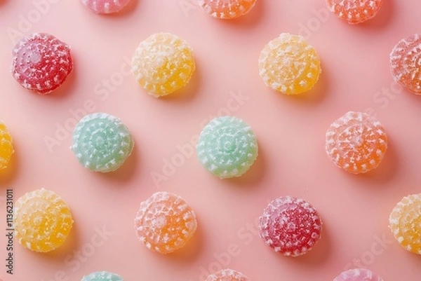 Fototapeta Sweet lollipops and candies on pink background, A colorful assortment of jelly beans with a pink, yellow, Funfetti Bundt Cake.
