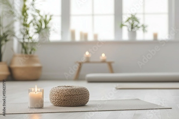 Fototapeta Relaxing yoga corner with candles and mats for peaceful mindfulness bright room lifestyle photography calming environment inviting atmosphere