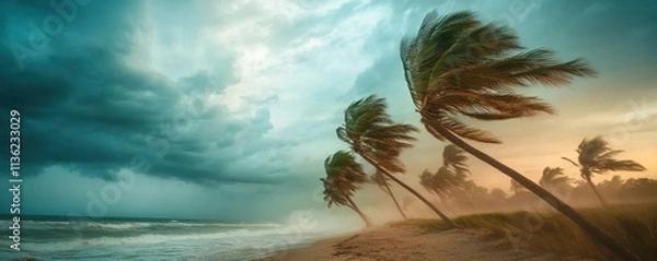 Fototapeta Intense windstorm bending palm trees on a vibrant tropical beach dynamic coastal extreme weather scene