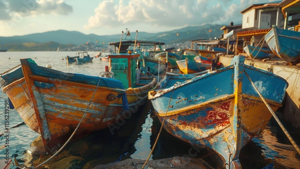 Obraz Colorful Fishing Boats at Dock: A cluster of traditional fishing boats with bright colors and peeling paint, tied up at a quiet dock.