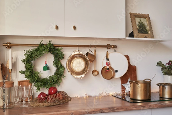Fototapeta Christmas kitchen and table. Red, green and white decor christmas tree background. New Year celebration. Merry Christmas and Happy New Year.
