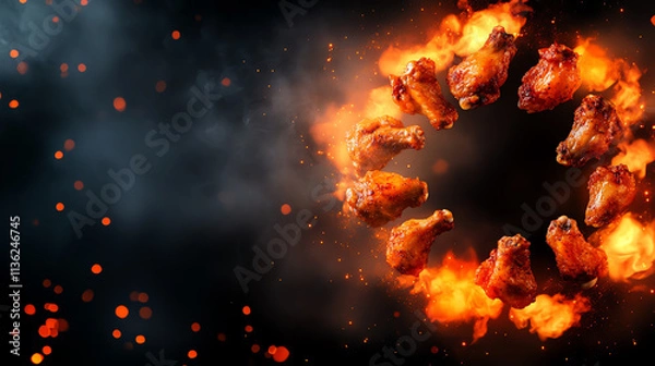 Obraz Spicy chicken wings surrounded by flames, creating a fiery culinary display.