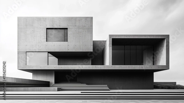 Fototapeta Monochrome modern architecture featuring clean lines and geometric forms set against a clouded sky
