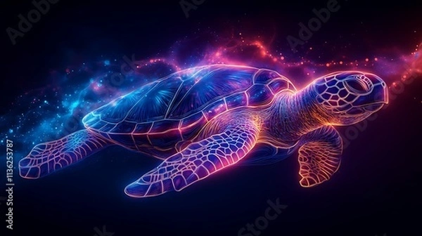 Fototapeta Neon glowing outline of a sea turtle with bright abstract lines on a colorful gradient background