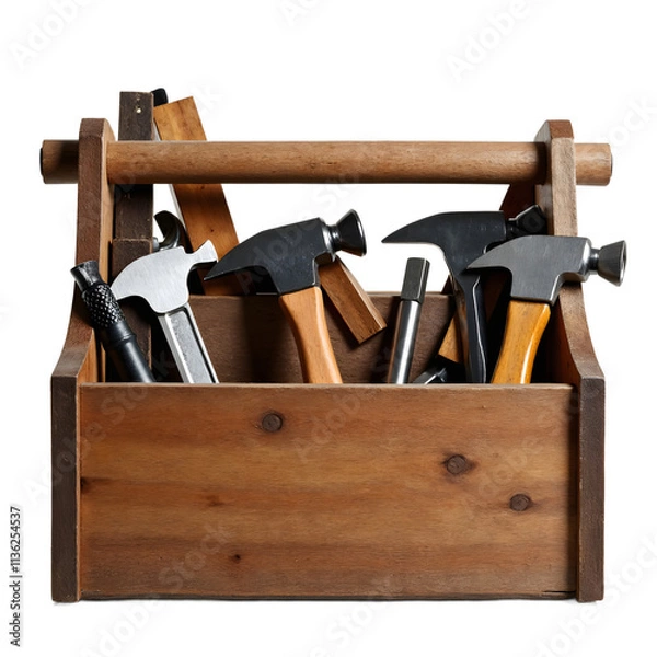 Fototapeta Front view of a rustic wooden toolbox filled with assorted hand tools isolated on a white transparent background.