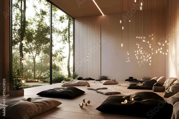 Fototapeta A serene indoor space with cushions and soft lighting, promoting relaxation and mindfulness.