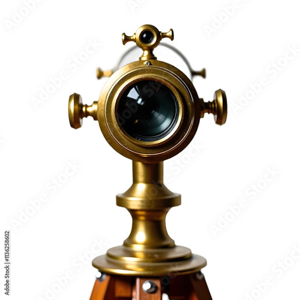 Fototapeta Front view of a vintage brass telescope with extendable lenses isolated on a white transparent background.
