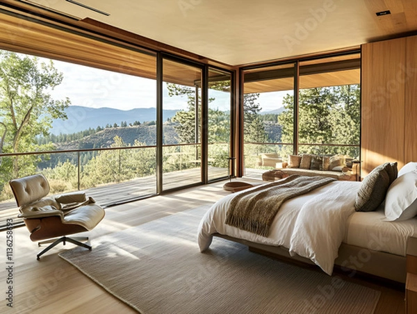 Fototapeta Modern bedroom with large windows showcasing a scenic mountain view.