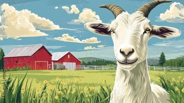 Fototapeta Charming Goat Portrait in Beautiful Farm Landscape with Red Barn