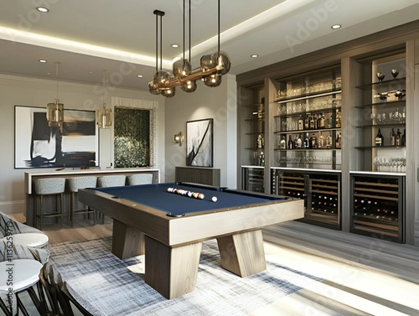 Fototapeta A stylish game room featuring a pool table, bar area, and modern decor.