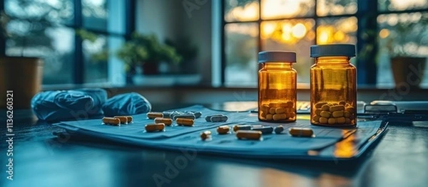 Fototapeta Amber pill bottles and scattered capsules on a medical chart near a window.