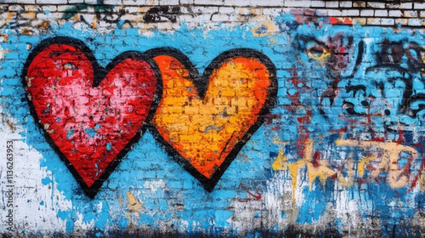 Fototapeta Colorful hearts painted on brick wall, showcasing vibrant red and orange hues. This urban art piece adds lively touch to surroundings, expressing love and creativity