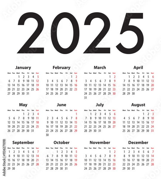 Fototapeta English Calendar grid regular digits for 2025. MF