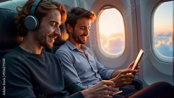 Obraz Two young men enjoy entertainment on their devices while sitting on a plane, with a sunset view outside the window. Ideal for promoting travel experiences, leisure activities, and in-flight services
