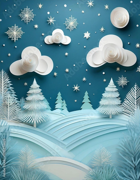 Obraz Background of winter pine forest, Merry Christmas and happy new year paper cut and craft style.