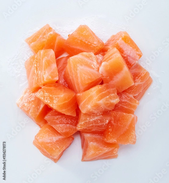Fototapeta Close up of salmon fillet ingredients isolated on white background