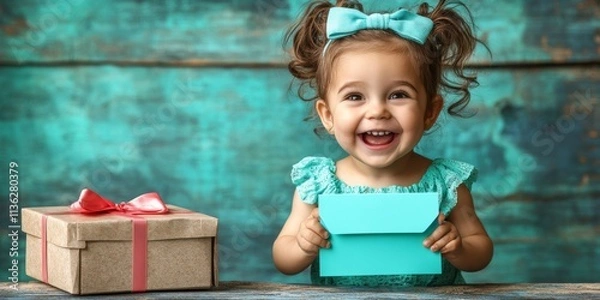 Fototapeta Little Girl's Joy: A charming little girl in a turquoise dress beams with delight, holding a blue envelope and a gift box with a red bow.  Her innocent joy and anticipation are captivating.