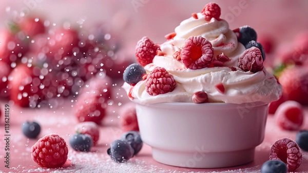 Fototapeta Side View of Fresh Fruits on Yogurt Ice Cream Dessert with a Pink Background for Breakfast