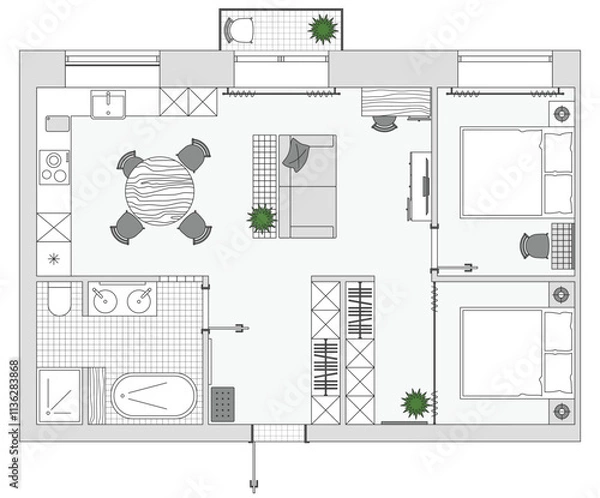 Obraz Architectural plan view from above. Apartment with kitchen and bedroom. Floor plan with furniture placement, top view. The interior design project. Vector