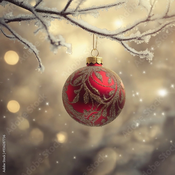 Fototapeta Elegant Red Christmas Ornament Hanging on Frosty Tree Branch Outdoors
