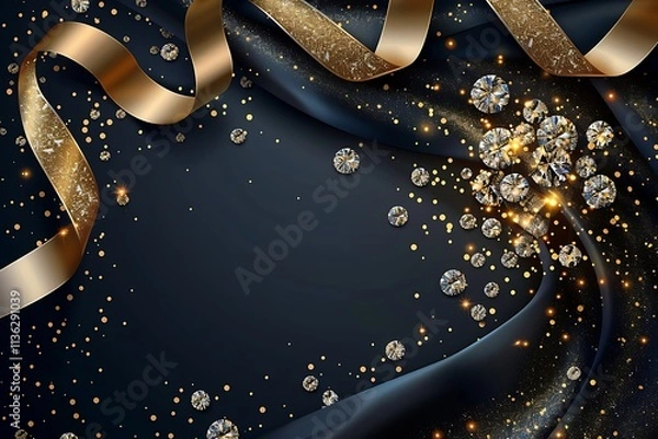 Fototapeta Elegant Blue Satin Background with Glittering Diamonds and Ribbons