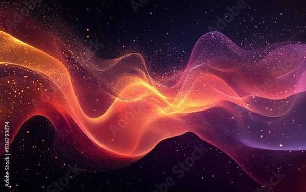 Fototapeta Visualization of particle entanglement, energetic lines and glowing points, timespace experiment, hightech futuristic design, cosmic background