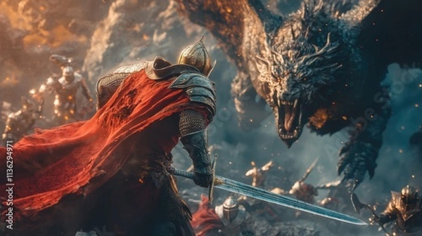 Fototapeta Warrior battles monstrous creatures in a dark, enchanted forest at twilight