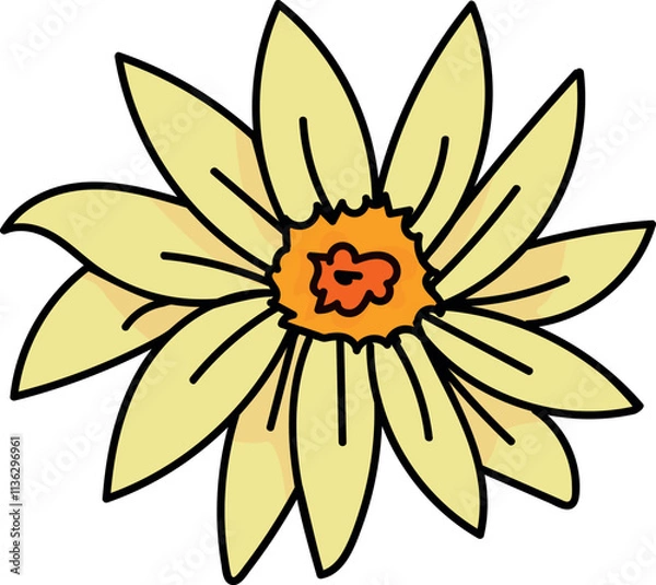 Fototapeta The image shows a stylized drawing of a flower with light yellow petals, a darker yellow-orange center, and a small red shape within the center. The petals are elongated and pointed, radiating outward