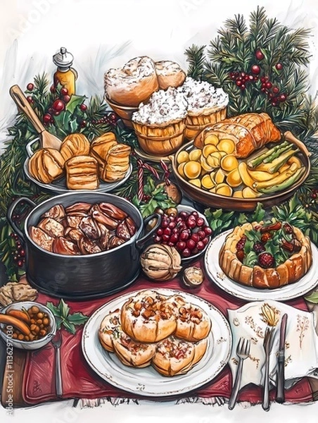 Fototapeta Christmas Dinner Oil Painting 