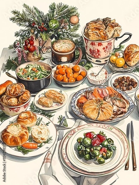 Fototapeta Christmas Dinner Oil Painting 
