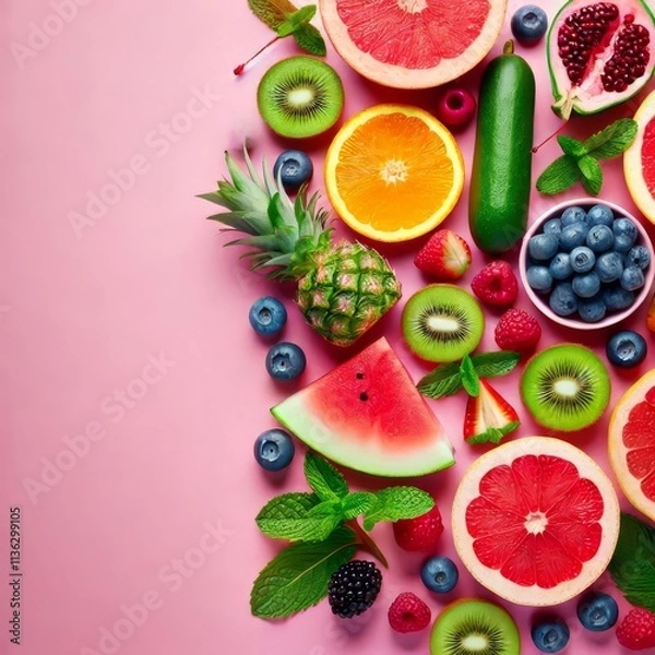 Obraz on the right Fresh fruits and mint on bright pink, on the left empty light blue isolated background
